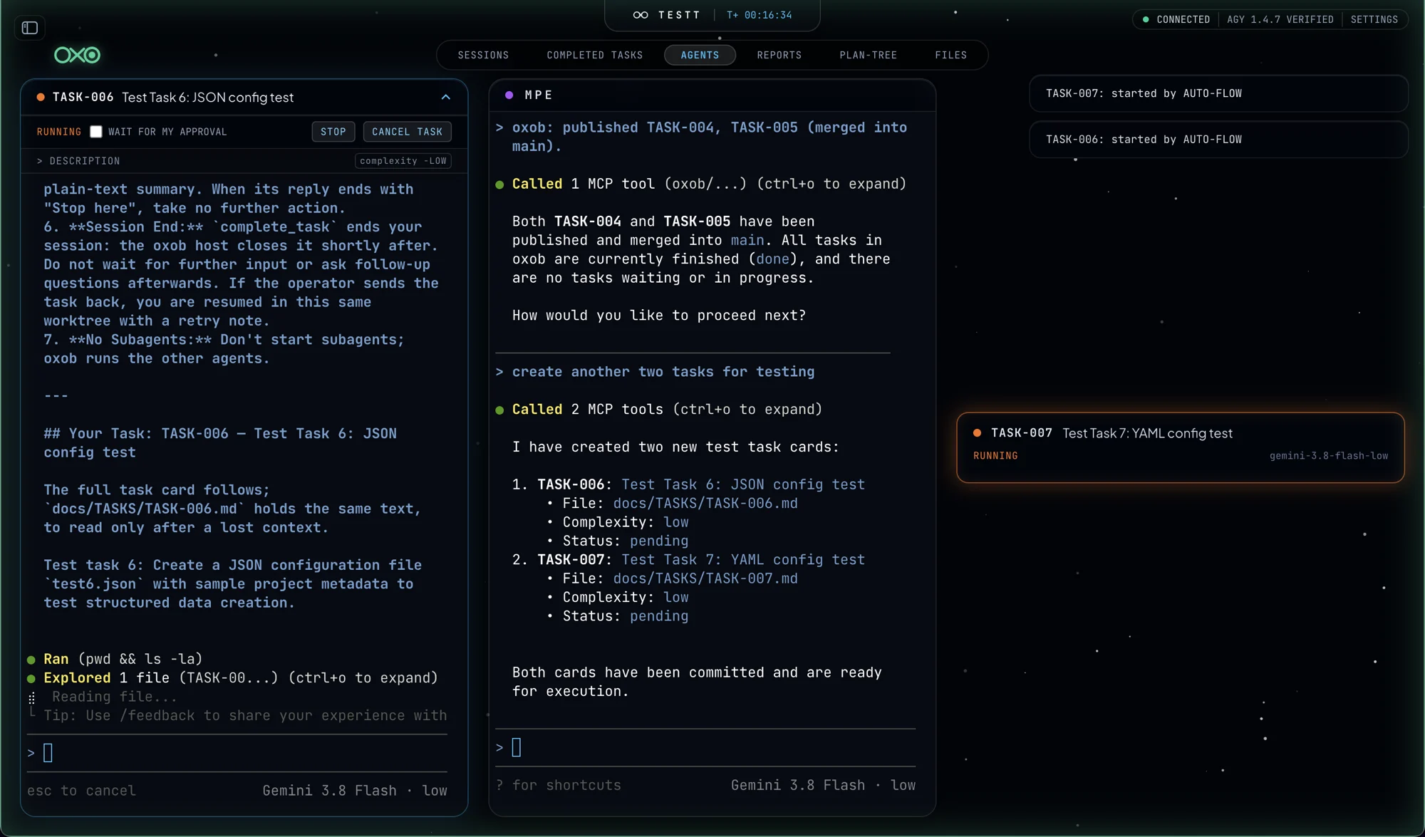 oxob's AGENTS view: a worker's terminal on the left, MPE in the middle, and on the right AUTO-FLOW starting the next cards
